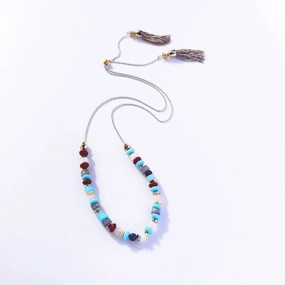 Blue Beaded Tassel Fringe Lariat Long Vintage Silver Pendant Statement Necklace - Picture 3 of 8